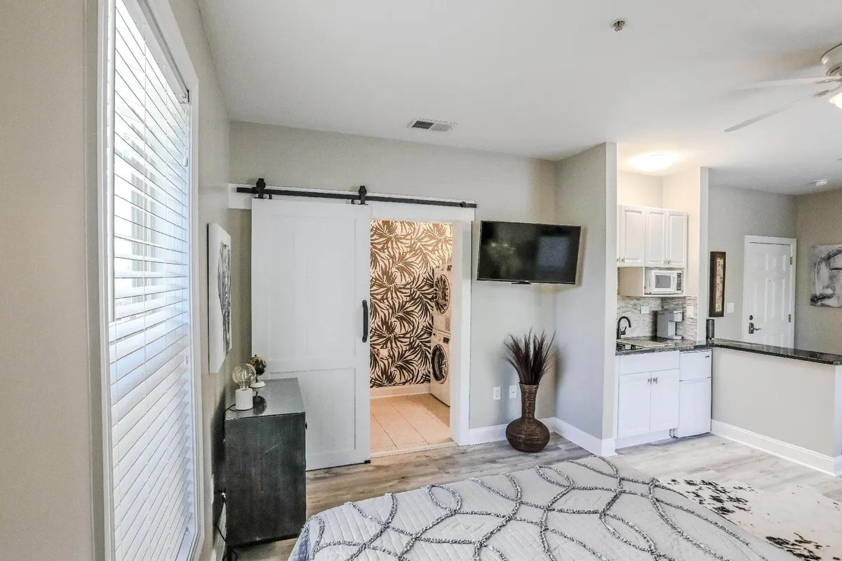 A modern studio featuring a bed with patterned bedding, a sliding barn door adding a touch of style, decorative plants, a well-integrated kitchenette, and a wall-mounted TV. The space feels cozy, functional, and contemporary, ideal for relaxing or preparing meals.